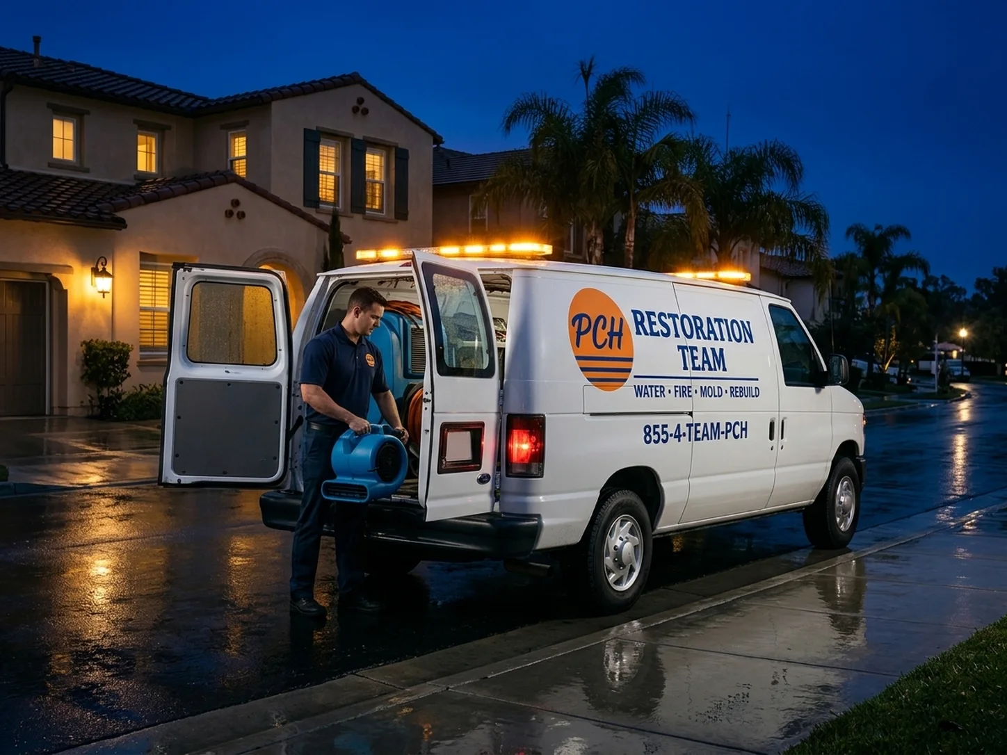 PCH Restoration Team crew responding to a night-time emergency water removal call in Irvine, South Orange County