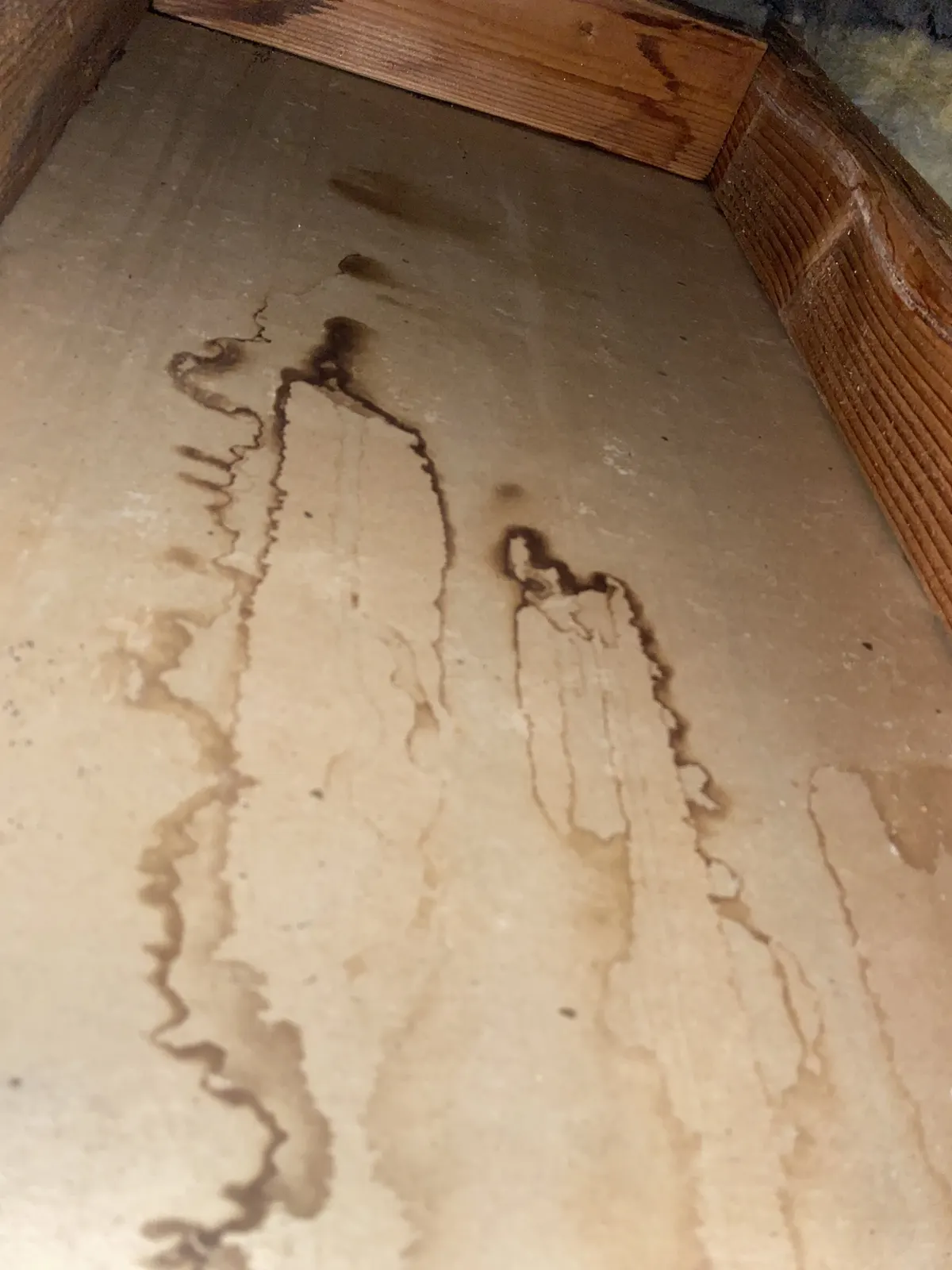 Water stain lines across a wood subfloor