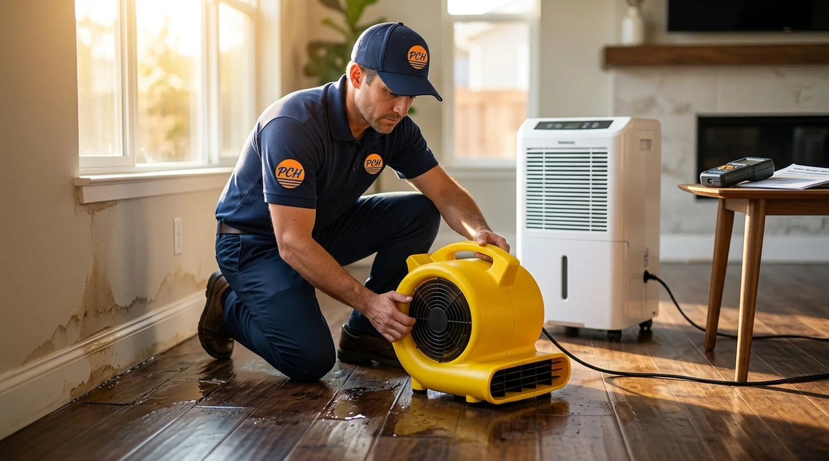 PCH Restoration Team technician assessing roof leak water damage inside a South Orange County home