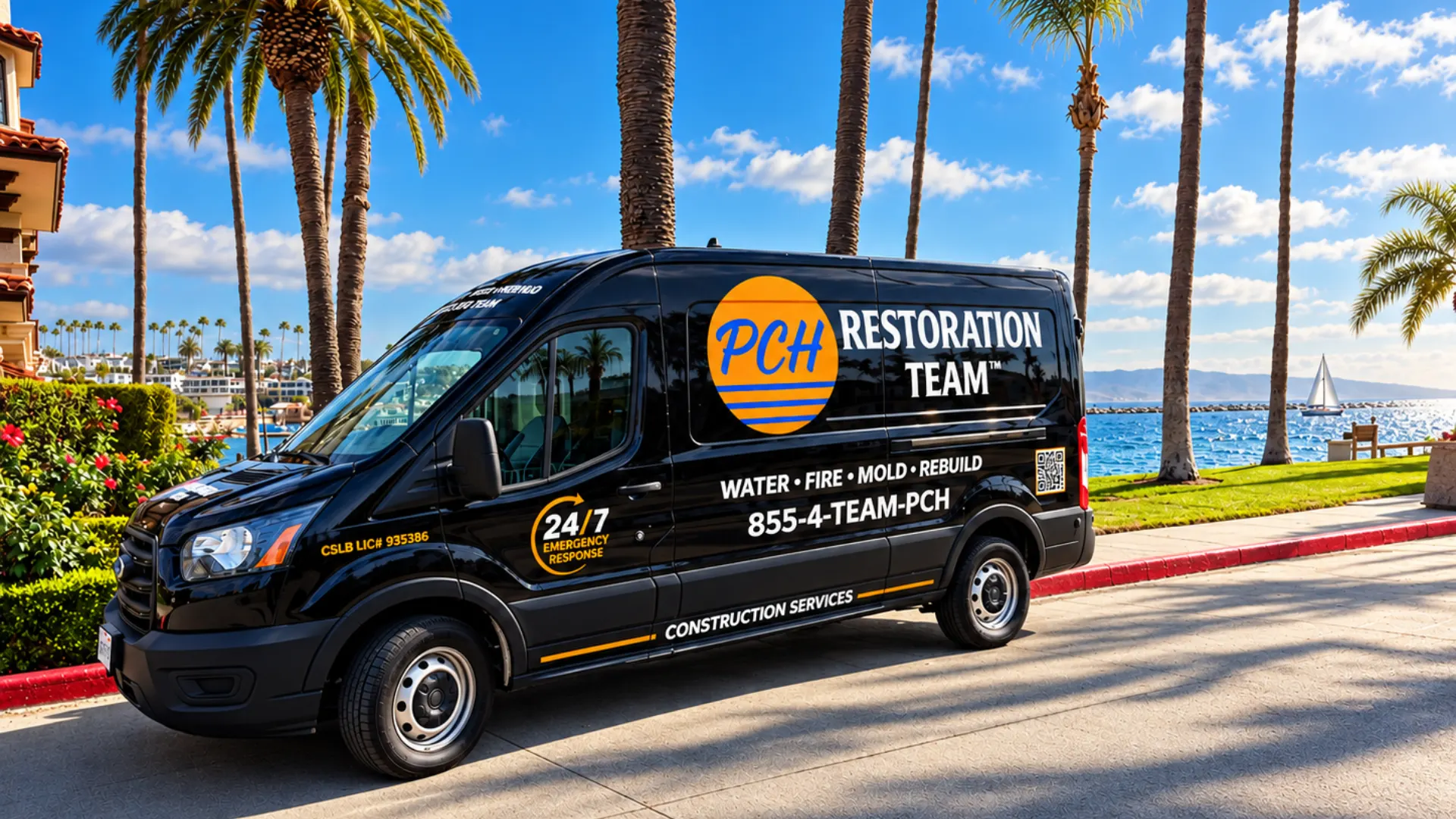 A black PCH Restoration Team van parked on a palm-lined street by the harbor