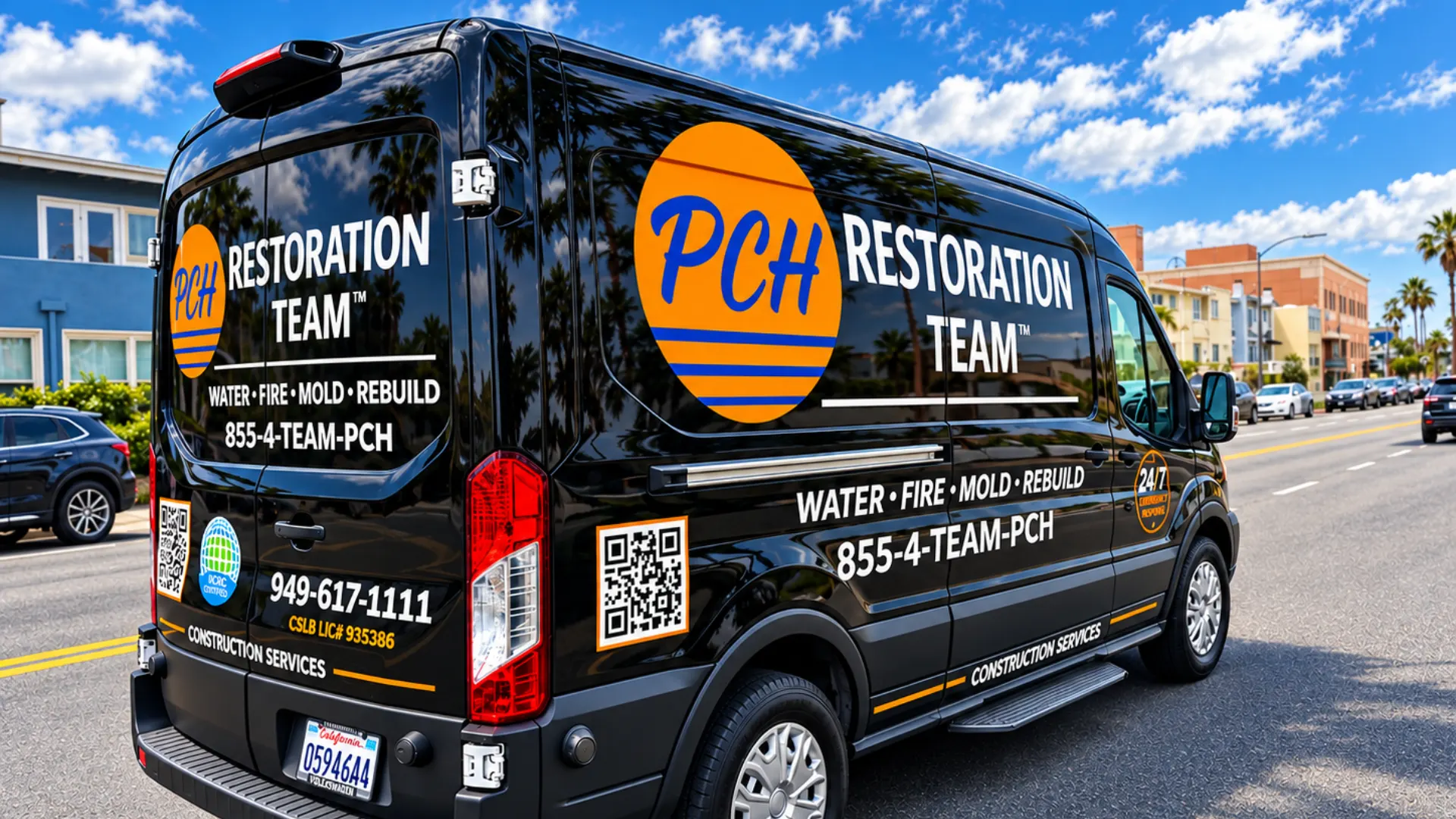 Rear view of a PCH Restoration Team van showing the 949-617-1111 phone number