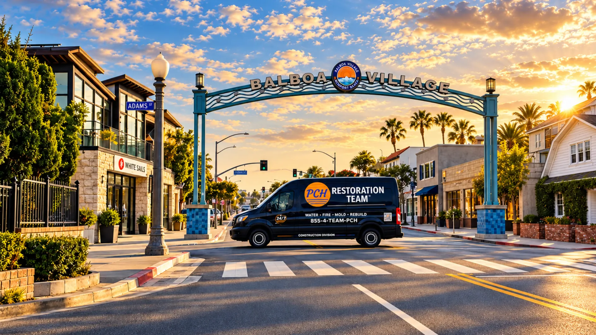 A PCH Restoration Team van driving under the Balboa Village arch at sunset