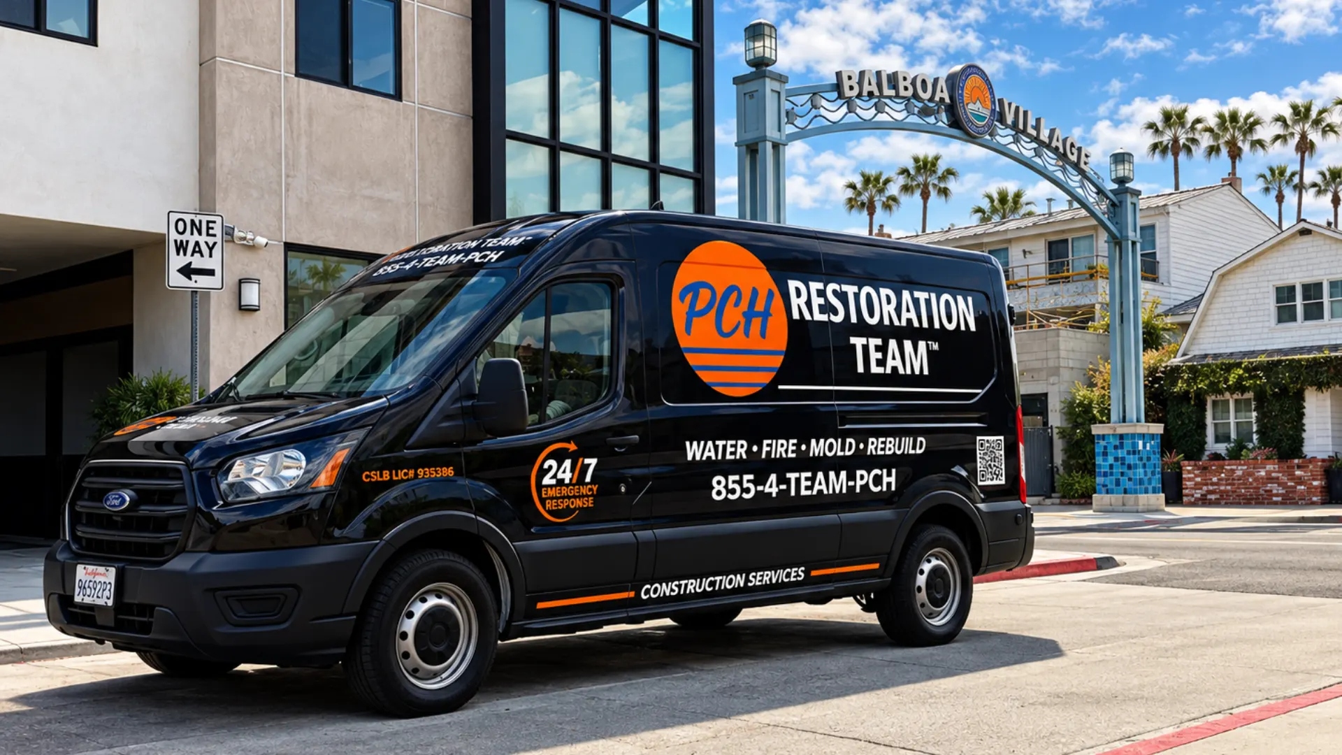 A PCH Restoration Team van parked on a corner near the Balboa Village arch
