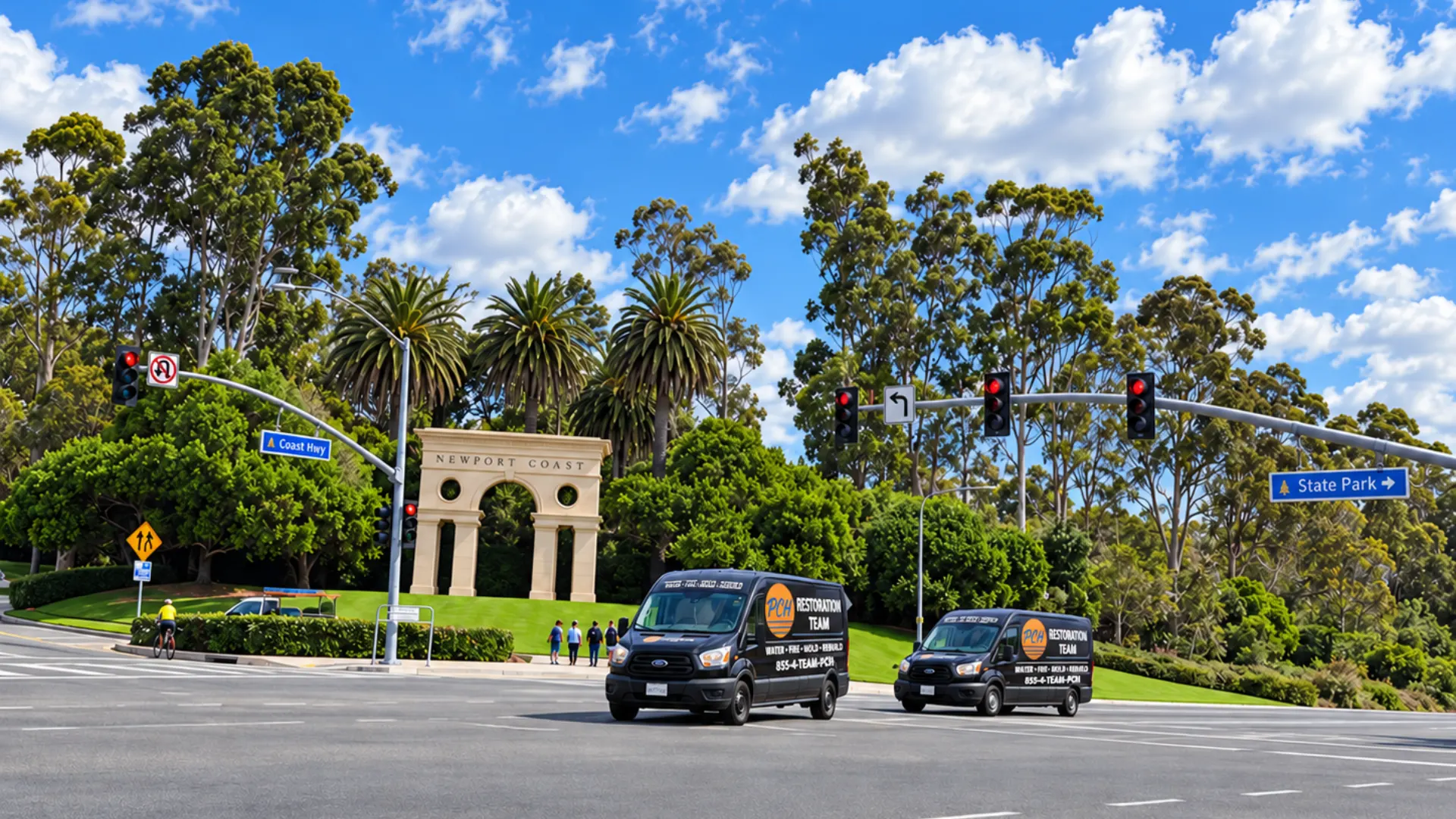 Two PCH Restoration Team vans driving past eucalyptus trees at a traffic light
