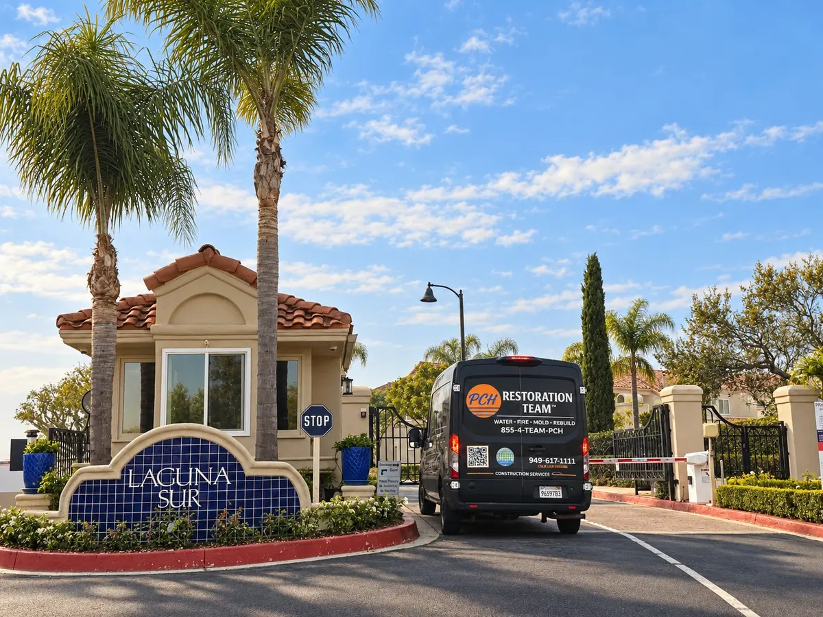 A PCH Restoration Team van pulling up to the guard gate of a residential community in Laguna Niguel