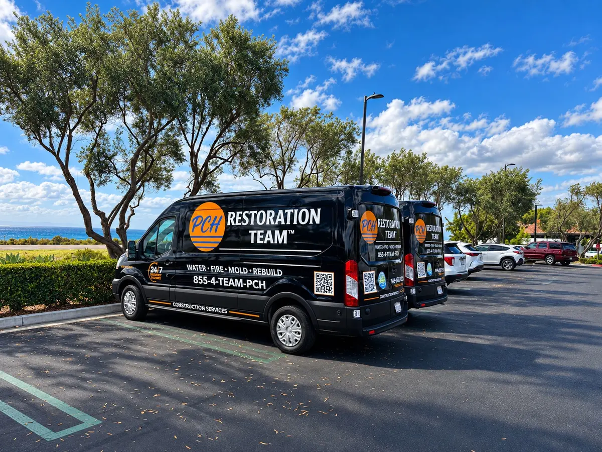 Two PCH Restoration Team vans parked in a lot near the ocean, under a blue sky