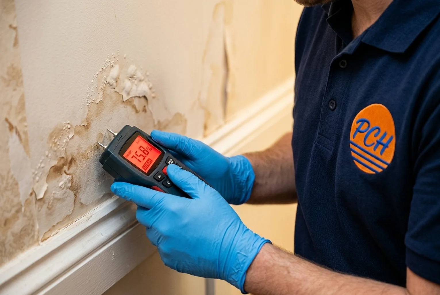 PCH Restoration Team technician using a professional moisture meter during a mold inspection in an Irvine home