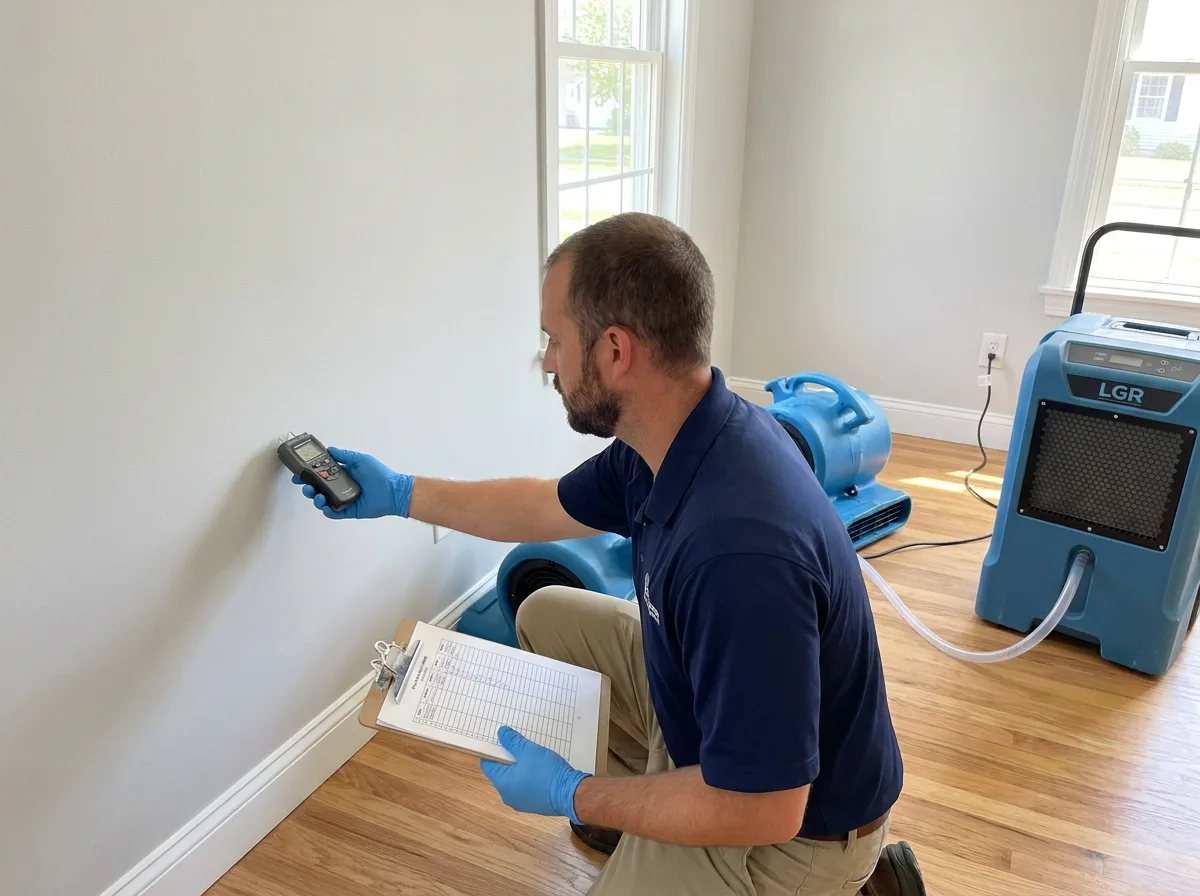 PCH Restoration Team technician checking a moisture meter reading against the drying goal while air movers and an LGR dehumidifier run in an Irvine home