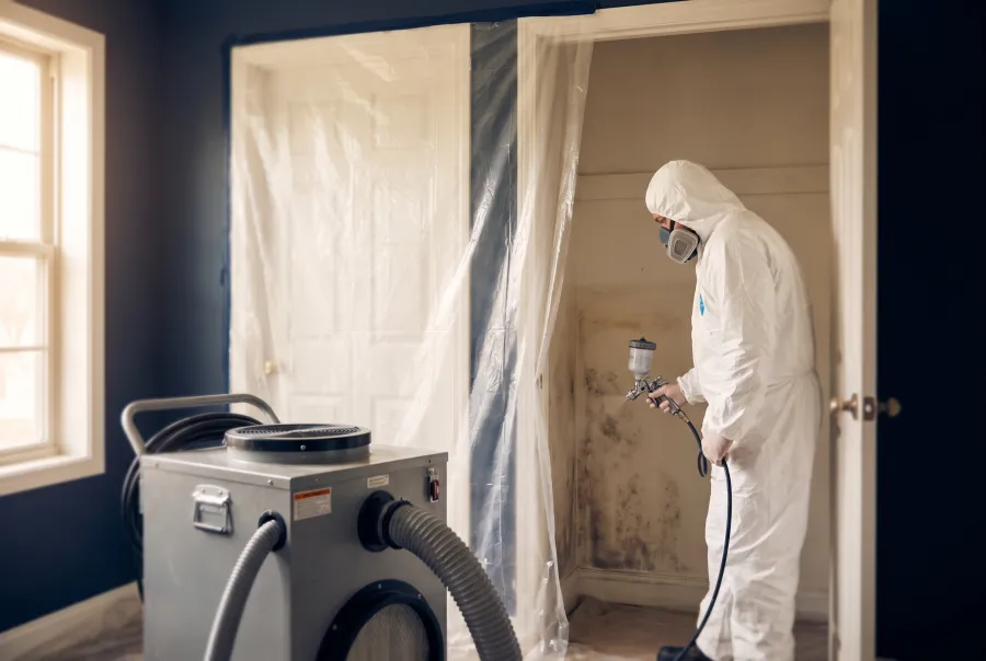 Technician performing contained mold remediation inside an Irvine home with HEPA air scrubber and protective gear