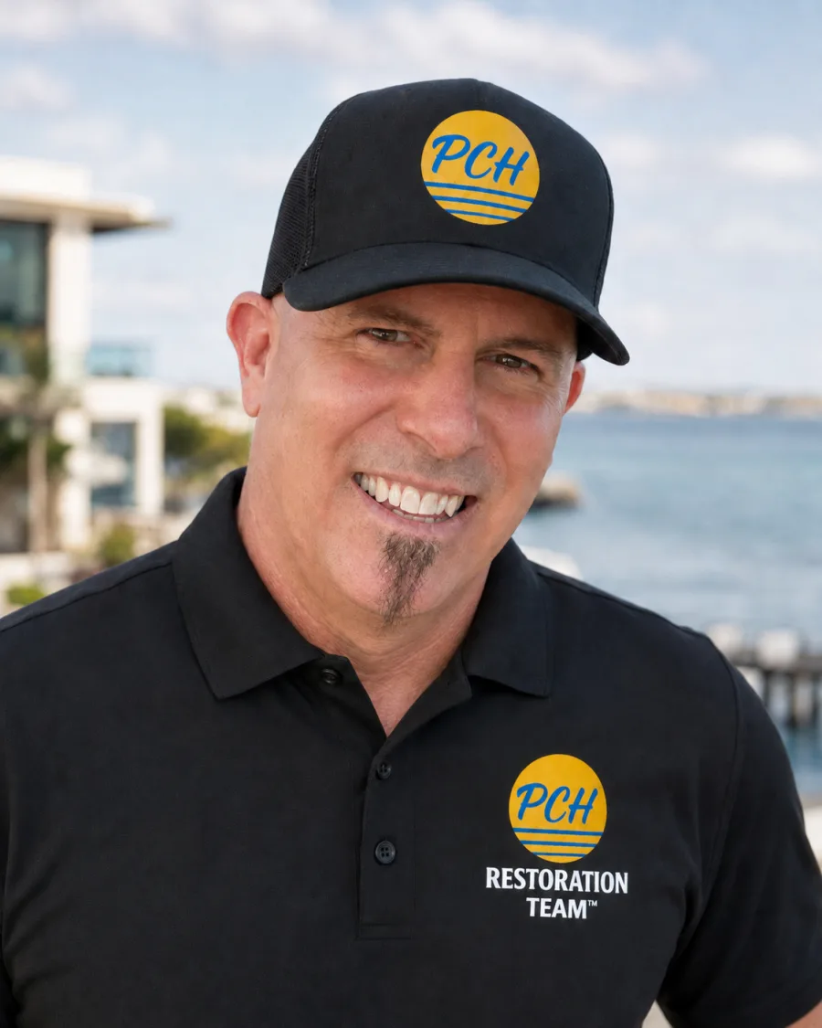 Brian Byers, Client Relations Manager at PCH Restoration Team, in a branded PCH polo and cap on the Orange County coast